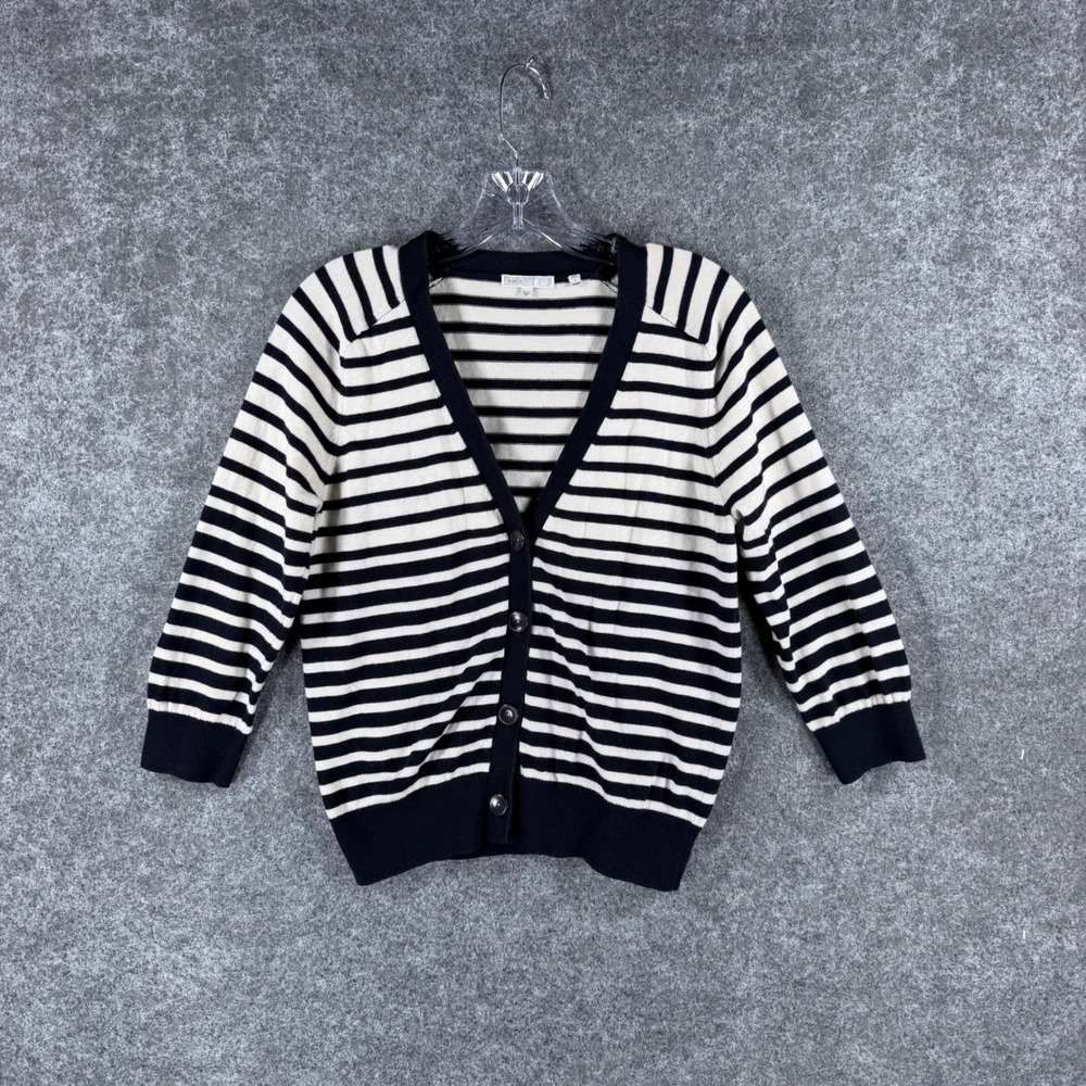 Vince Women M Navy White Striped Button Front Cardigan Sweater Minor Stains